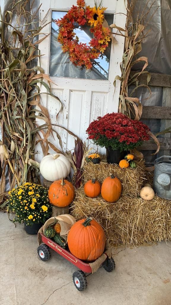 A porch fall display with a wreath, pumpkins, mums and a red wagon