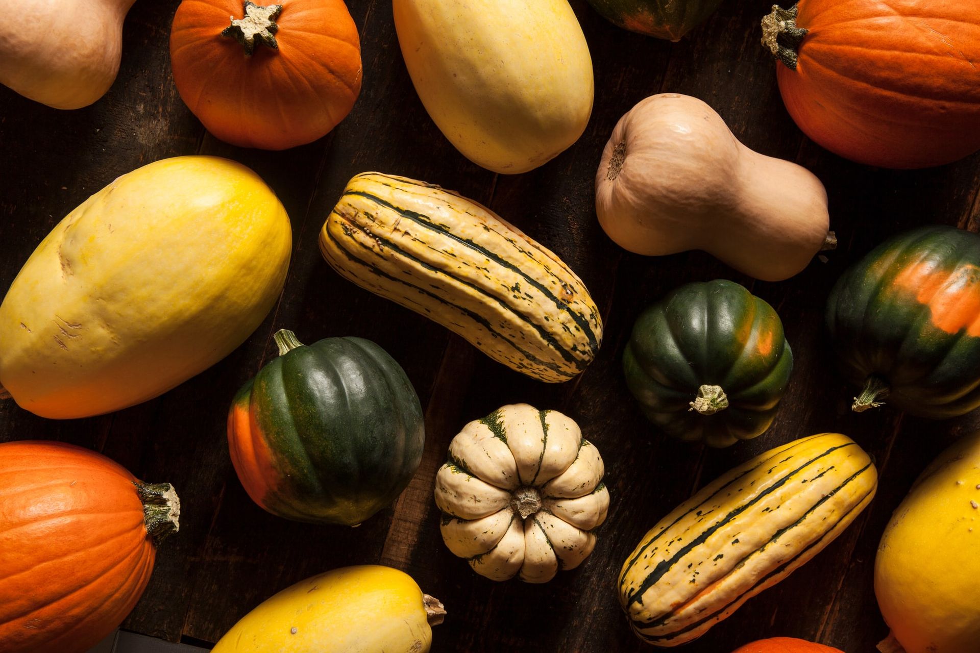 An assortment of winter squash, including acorn, butternut and delicata